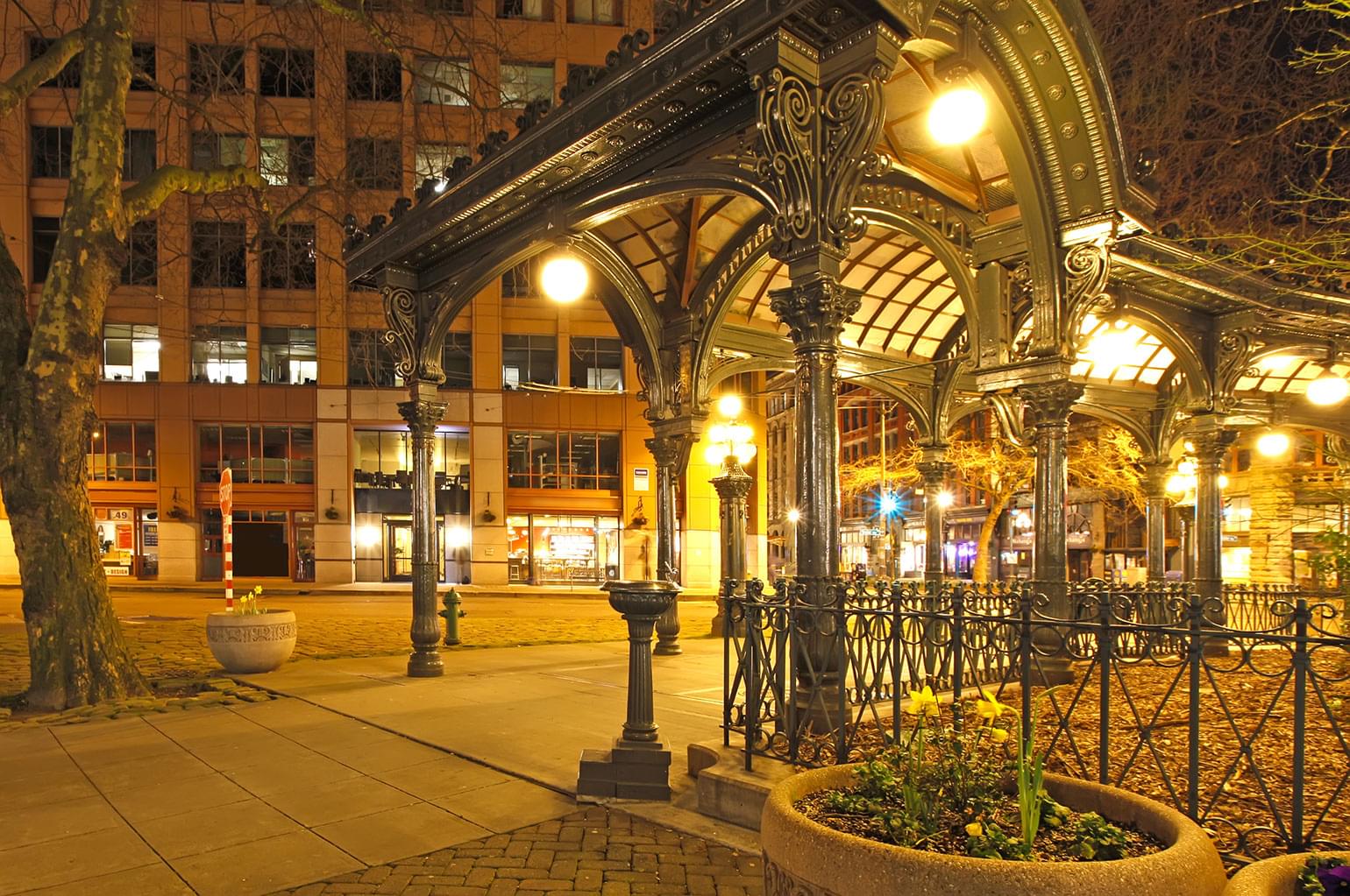 Pioneer square in Seattle at early night.