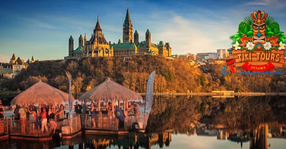 A picture postcard of families vacationing in Ottawa enjoying tiki boats on the Ottawa River