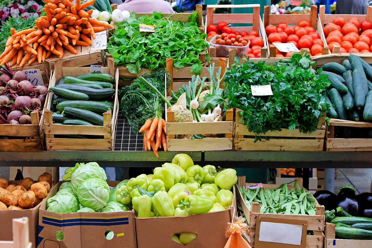 Crates of assorted vegetables displayed at a farmers market.