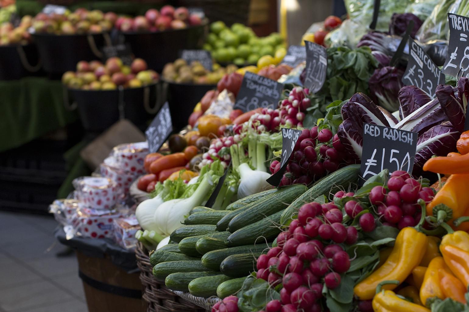 Fruits and vegetables display in a small grocery store. Fruits and vegetables display in a small grocery store.