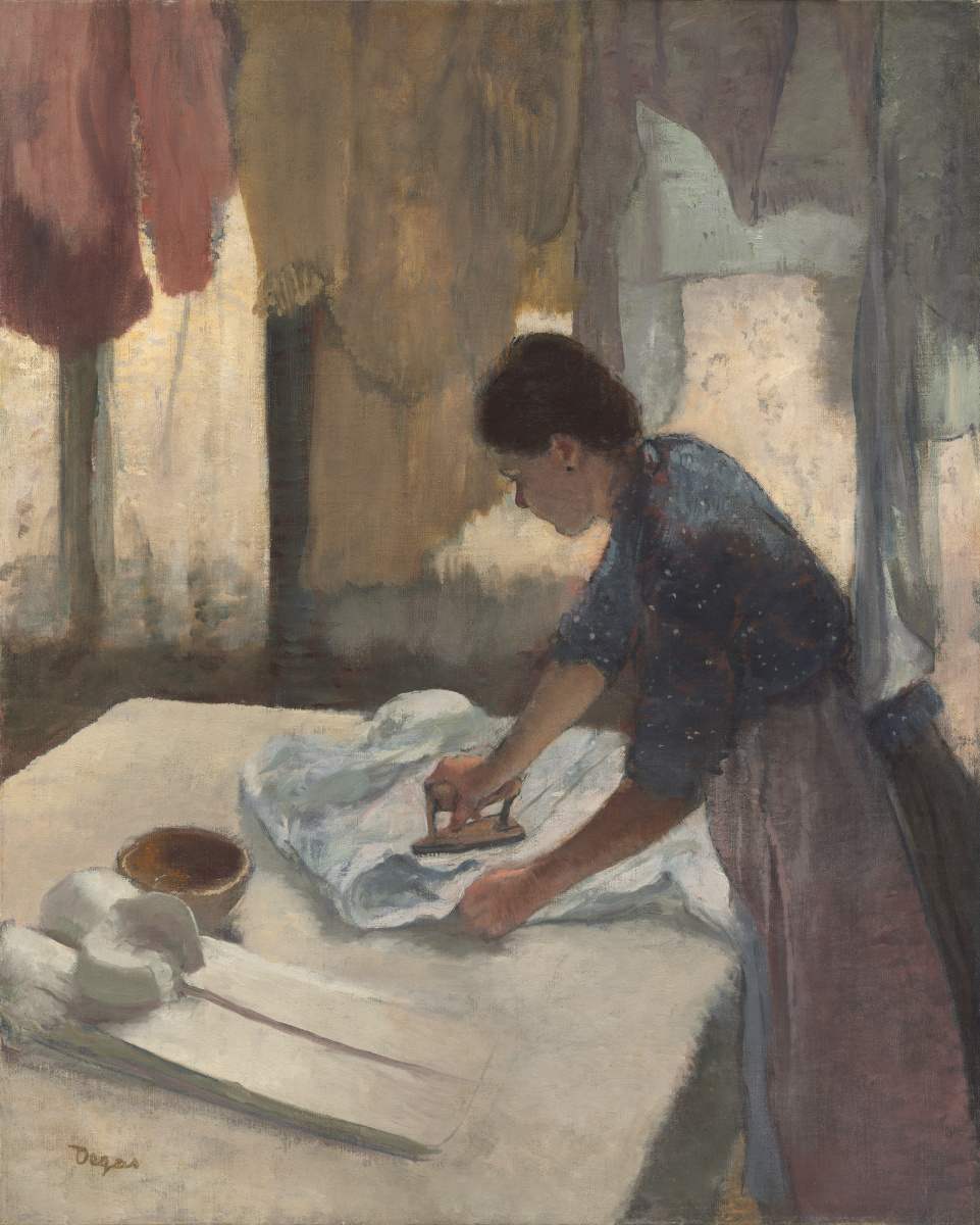 Edgar Degas' "Woman Ironing" oil painting showing a domestic worker pressing formal shirts with an iron while drying laundry hangs above her.