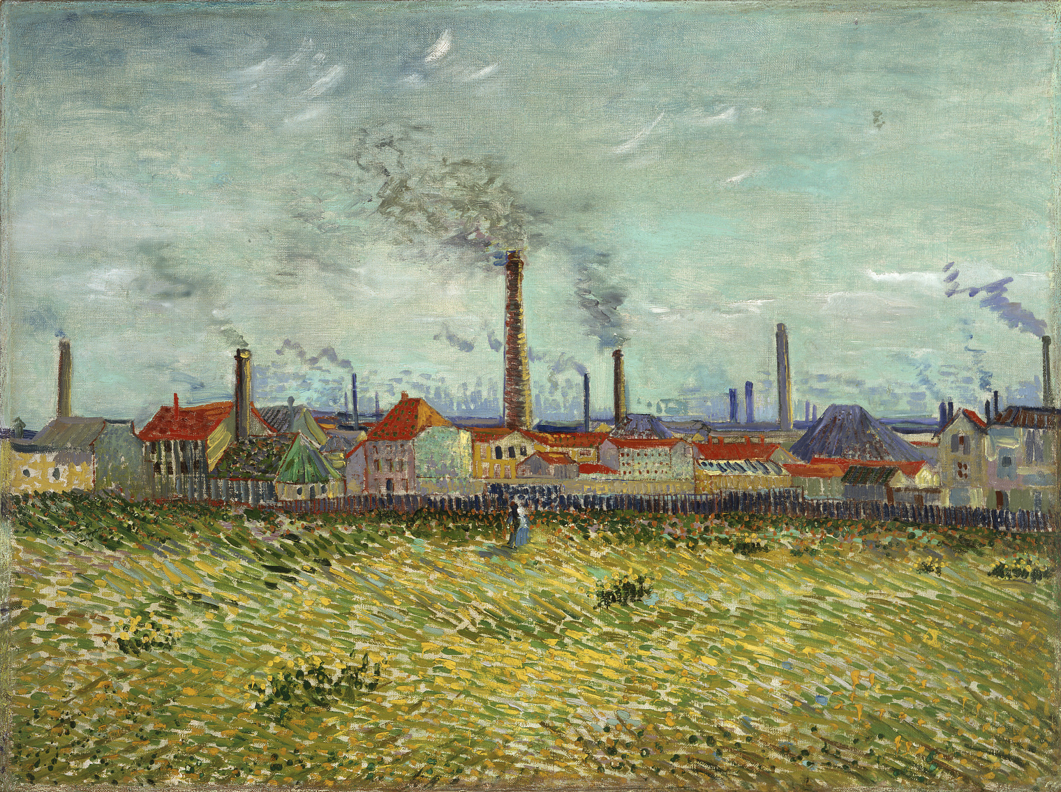 Vincent van Gogh's "Factories at Clichy" oil painting from 1887 showing a couple in a field overlooking several factories behind a fence.