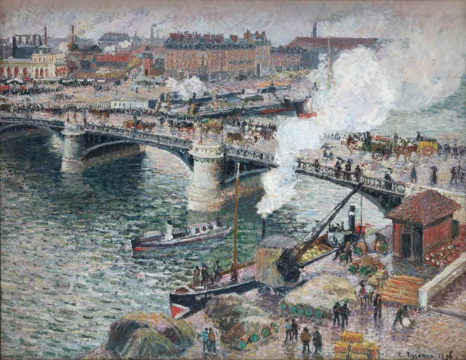 Camille Pissarro's 1896 oil painting, "Le pont Boieldieu à Rouen, temps mouillé" depicting an urban scene of a busy bridge with pedestrians and carriages, waterways with steam ships being loaded, and factories in the background.