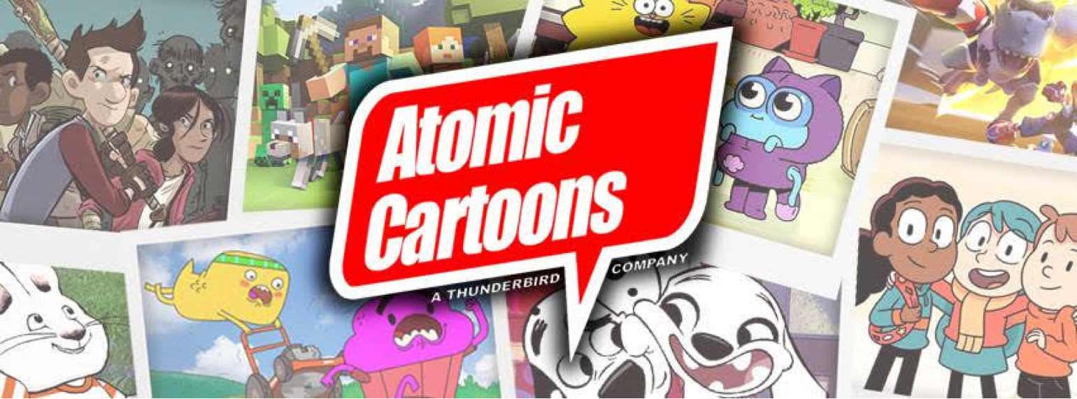 Atomic Cartoons' logo in front of still images of the studio's cartoon characters.