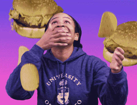 Food falling from the sky and African Canadian student catching and eating it.