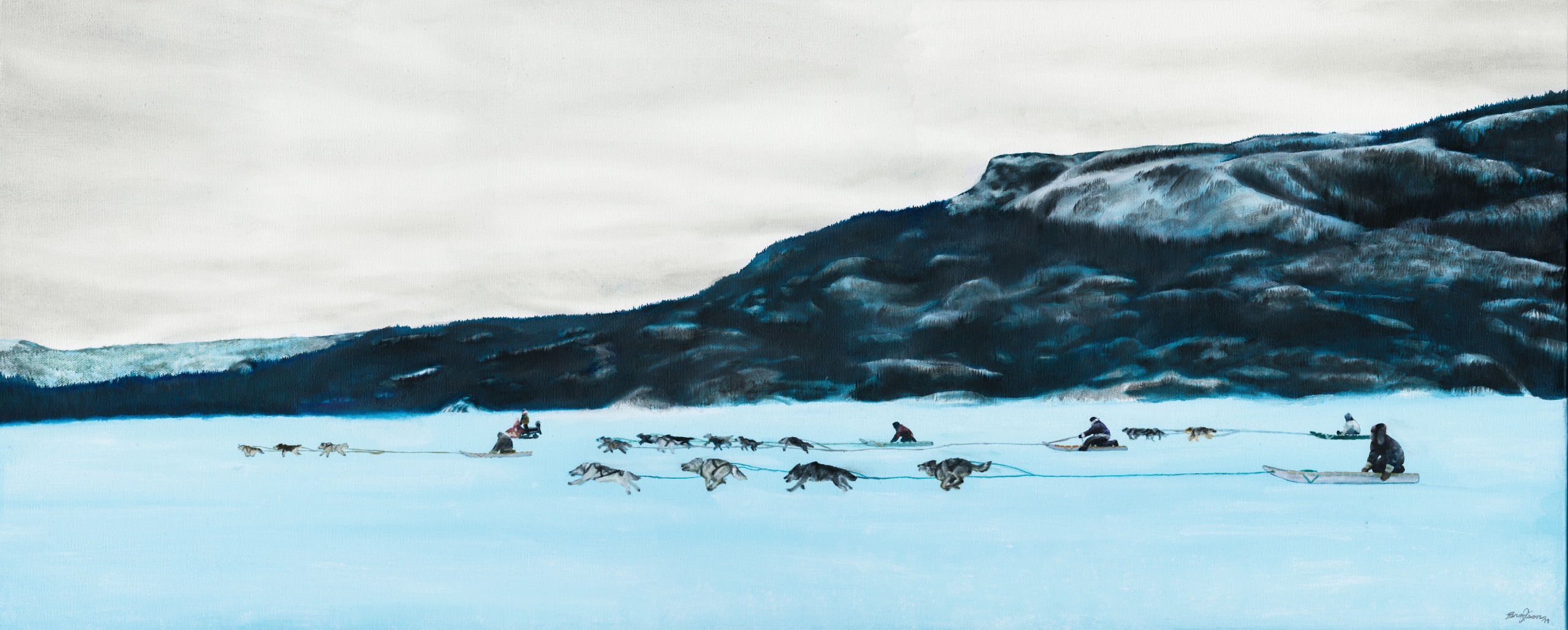 Heritage Dog Team Race painting by Bronson Jacque, showing teams of dog sleds running and a rocky crag in the distance