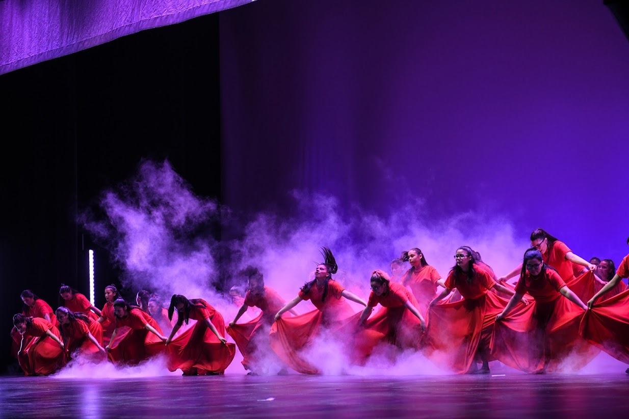 A line of young female dancers in red dresses perform on a purple stage with fog.