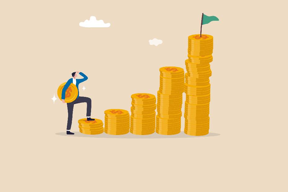 Young adult man carrying money coin on compound money stack.