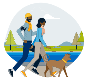 Illustration of couple walking with their dog.