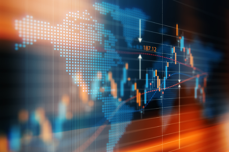 Financial data analysis graph over world map