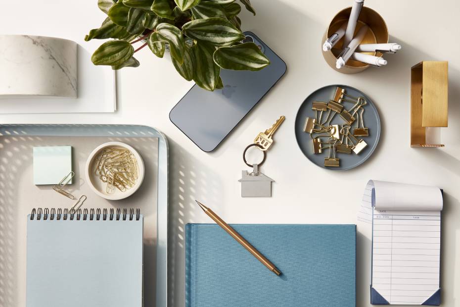 Overhead view of a desk
