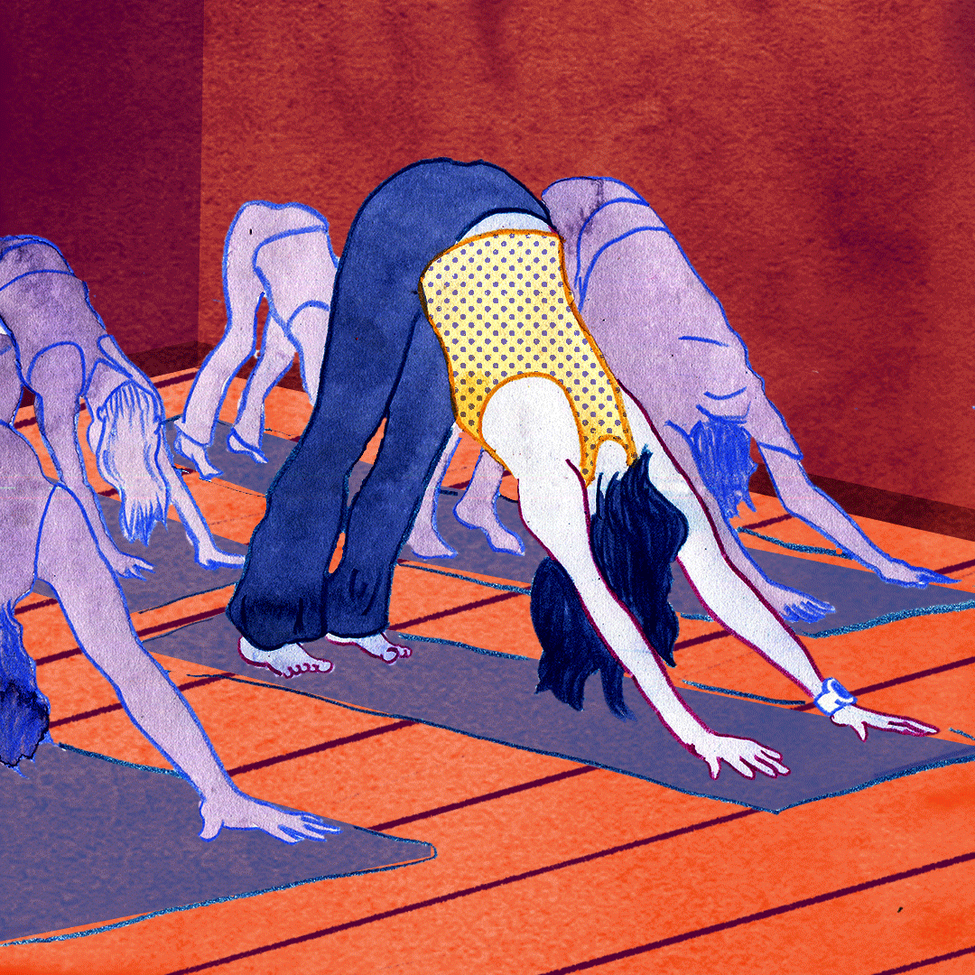 Mom in downward facing dog pose in yoga class, paying for more classes.