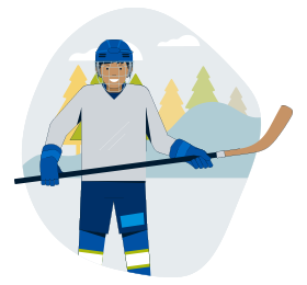 Illustration of man skating with hockey stick.