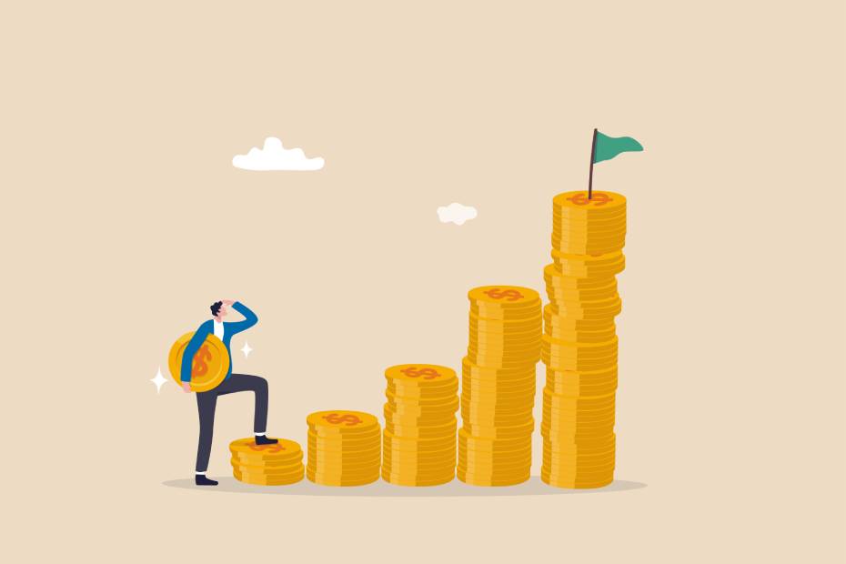 Young adult man carrying money coin on compound money stack.