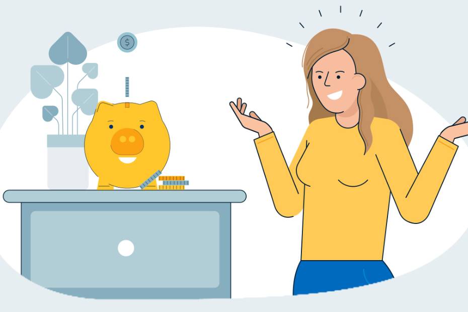 Illustration of a girl shrugging her shoulders at a piggy bank