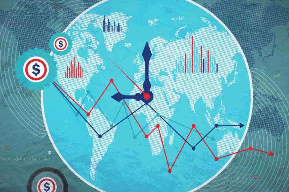 An illustration shows a clock amid some financial chart data.