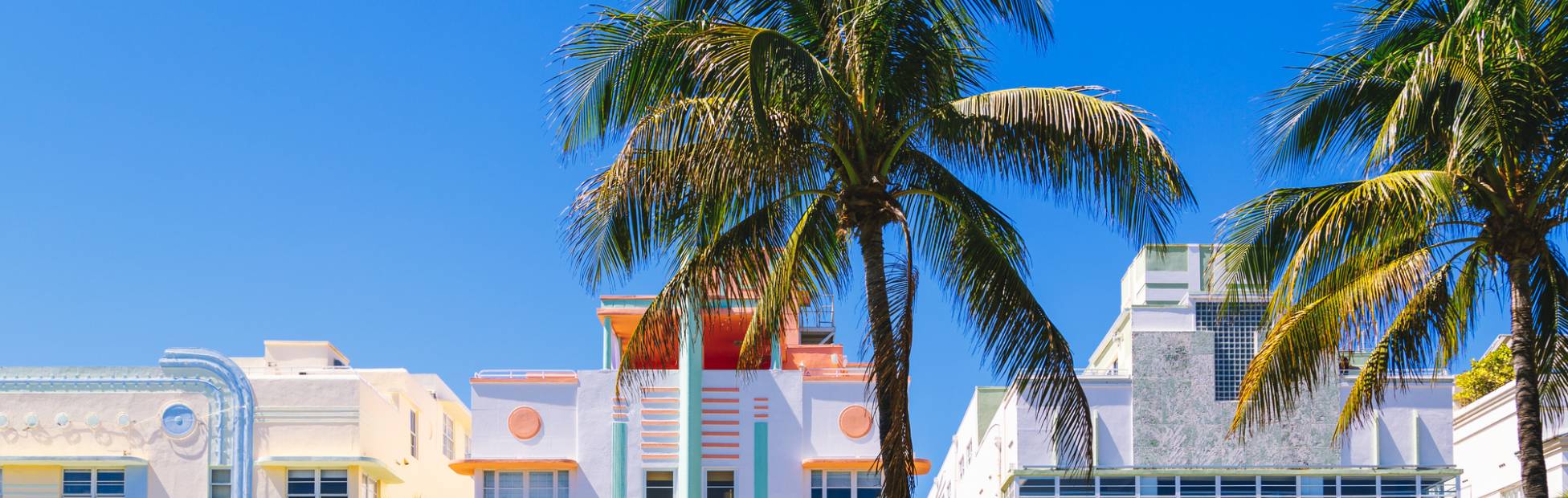 A row of colourful art deco Miami hotels with palm trees