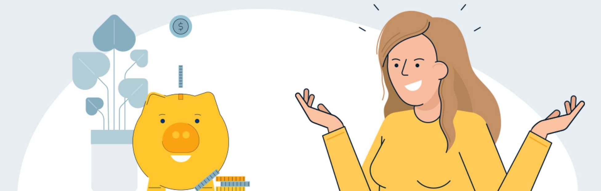 Illustration of a girl shrugging her shoulders at a piggy bank