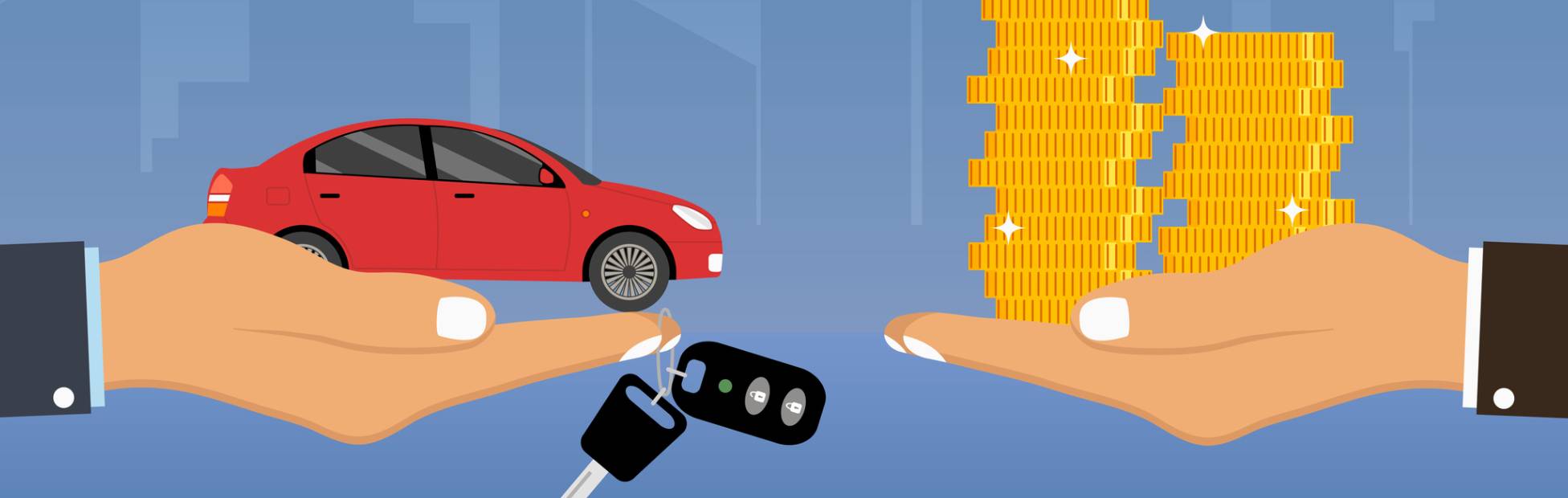 Illustration of hands holding car and stack of coins.