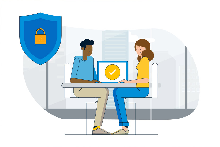 An illustration of two coworkers at a small business working securely online