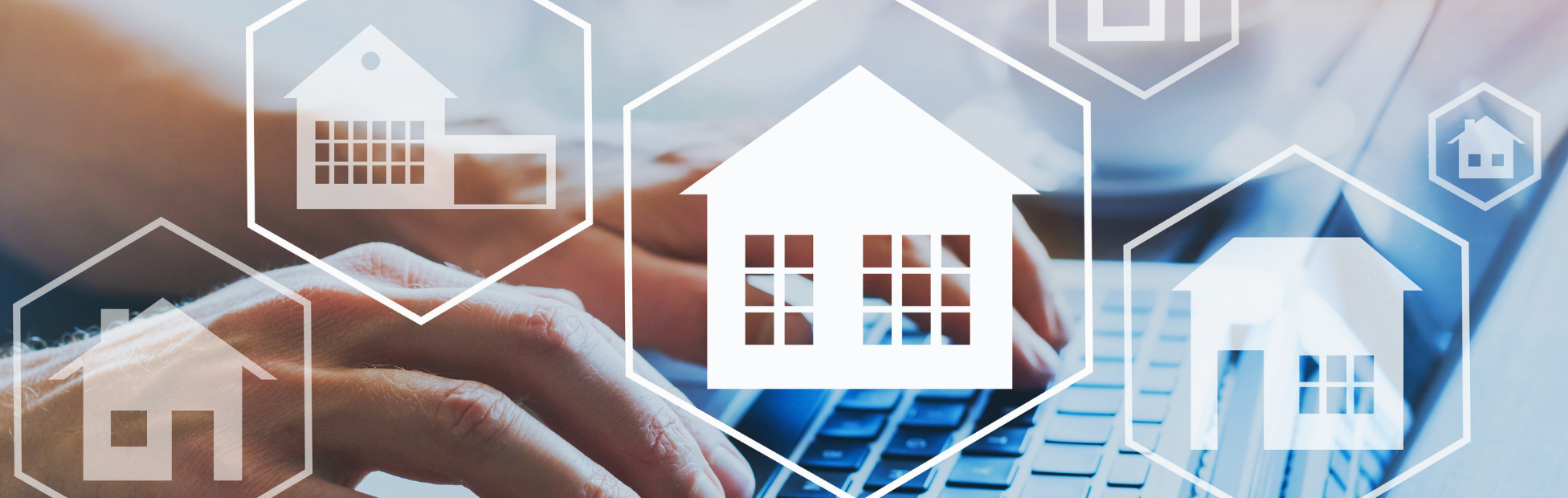 Hands at a keyboard with a digital house floating above it