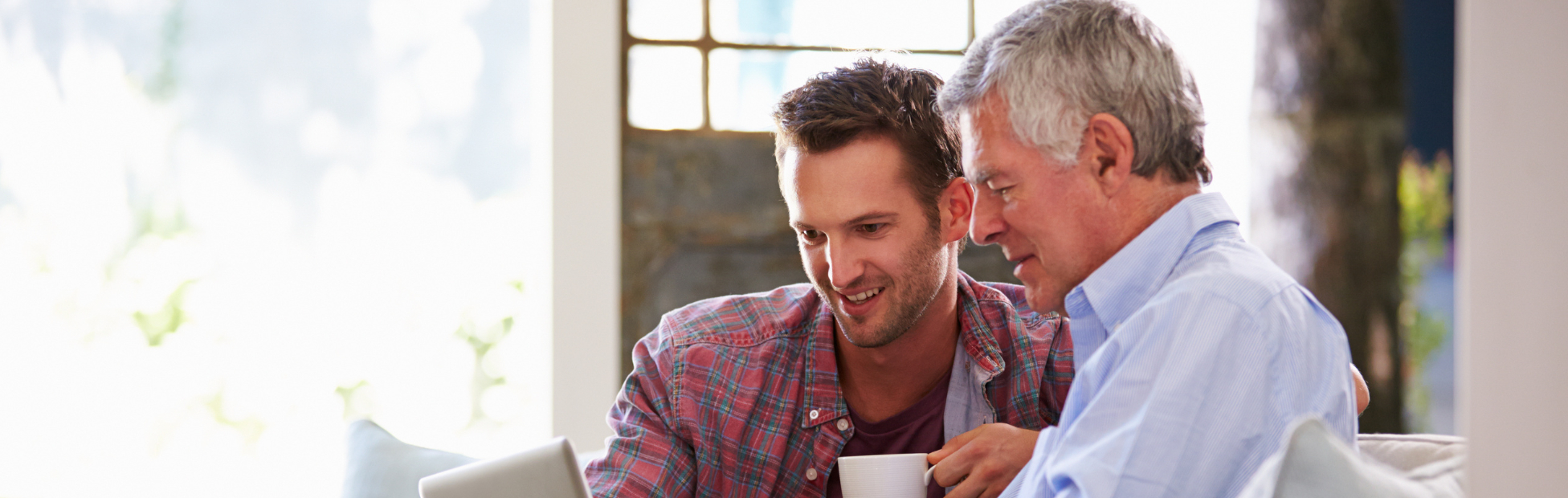 Father with his adult son on a sofa looking at budgets on a computer