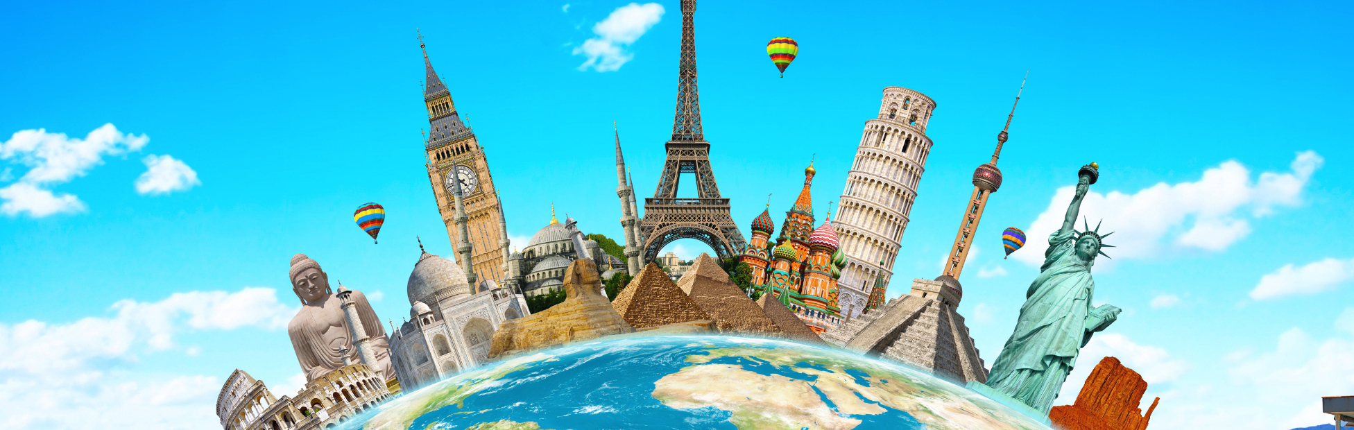 Illustration of famous monuments from around the world, sitting atop the globe.