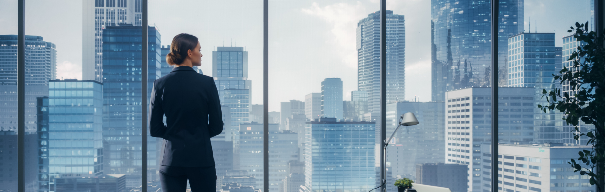 Stylish woman looking confidently out the window at the big city below.