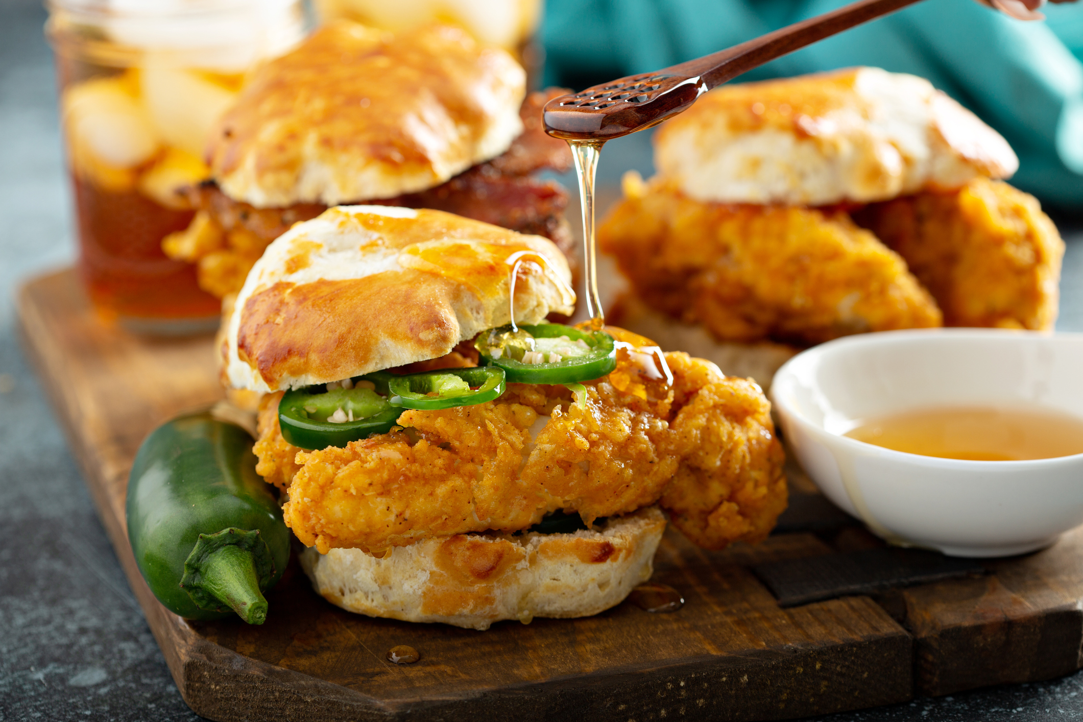 Breakfast biscuit sandwiches with fried chicken