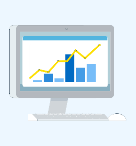 A computer with a upwards stock graph