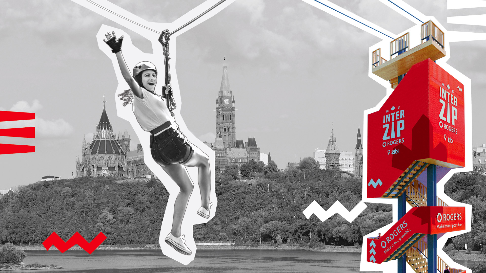 A black and white collage of a woman on a zipline, crossing the Ottawa River from Quebec to Ontario