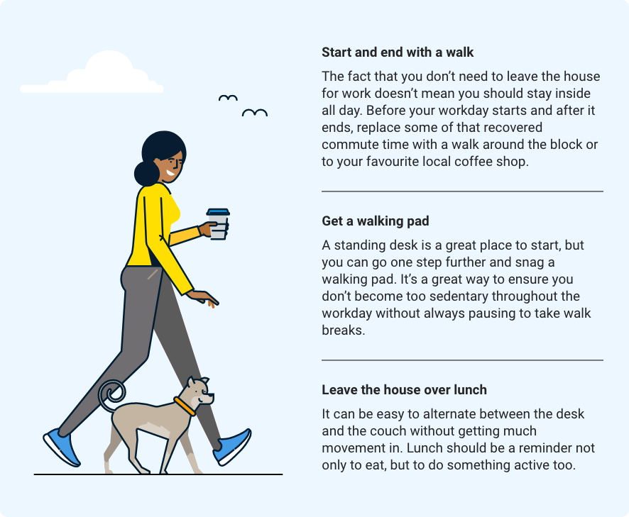 A graphic visual of women walking with a cup of coffee and her dog. 