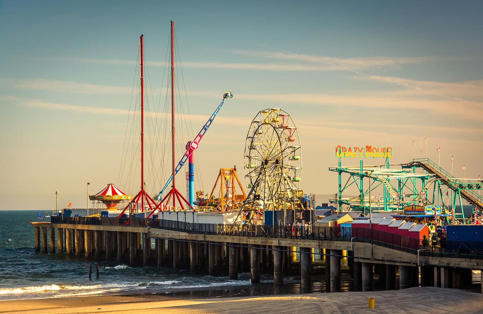 The Ferris wheel and other family rides on Atlantic City's Steel Pier.