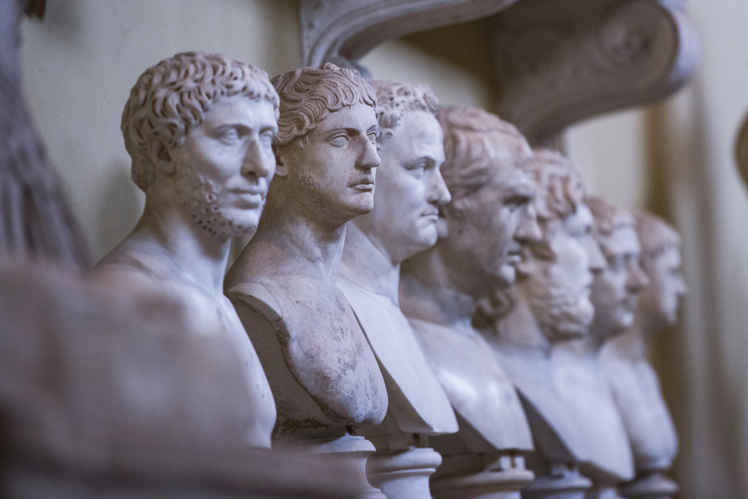 A row of marble Greek busts displayed in a museum.