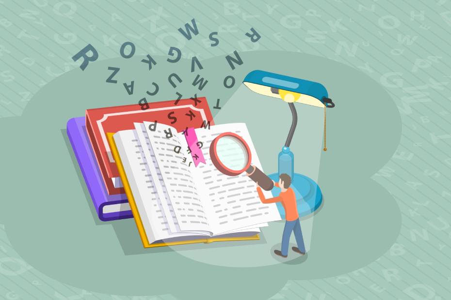 Man looking at words in a book with a magnifying glass.